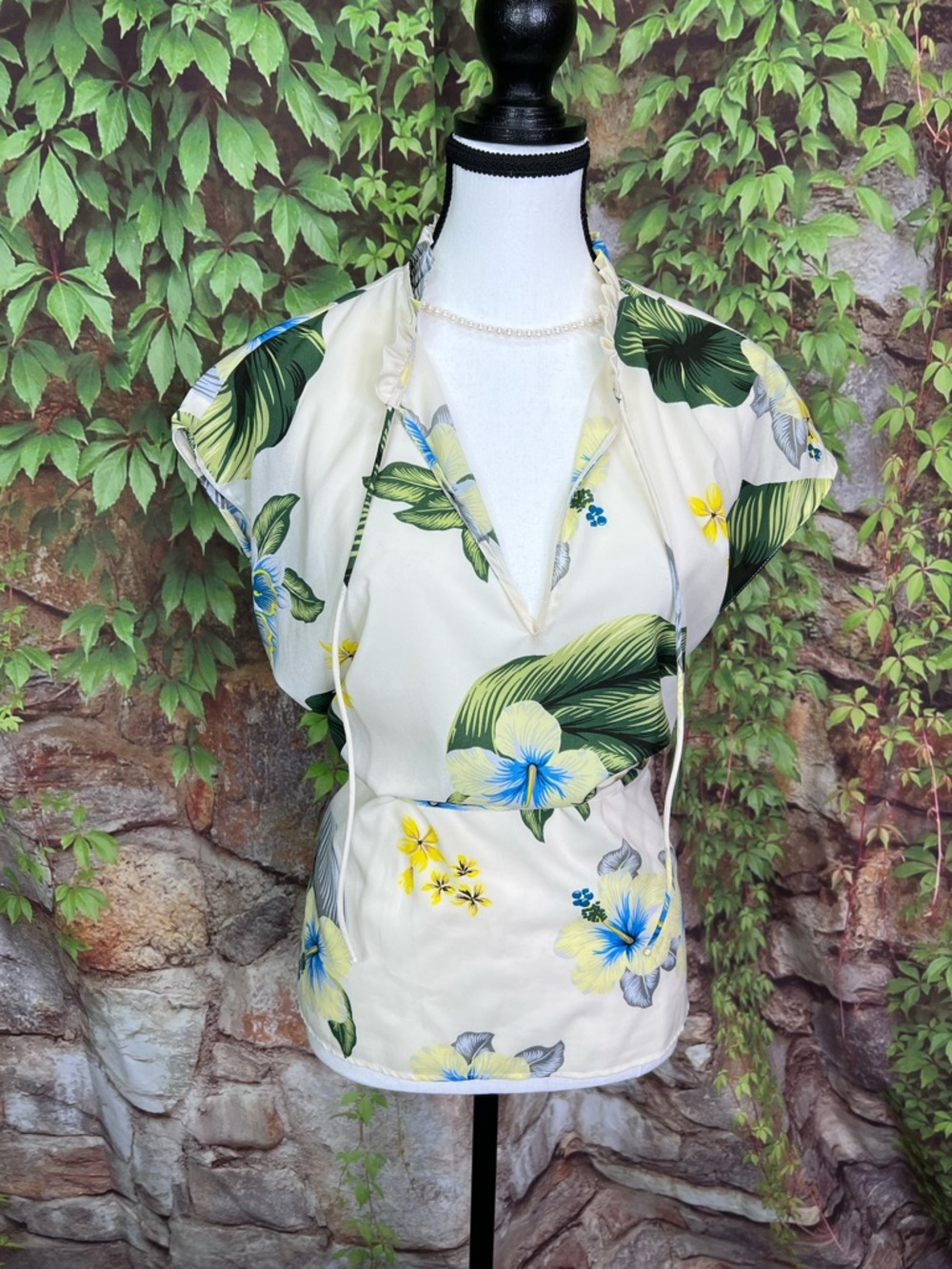 ZARA Cream and Green Tropical Print Dual Tie Blouse, S - Picture 2 of 10